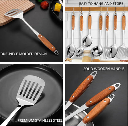 304 Stainless Steel Cooking Utensils Set,9Pcs Metal Kitchen Utensils Set with Wooden Handle,Solid Spoon,Spatula,Ladle,Skimmer Spoon,Spaghetti Spoon,Dishwasher Safe5