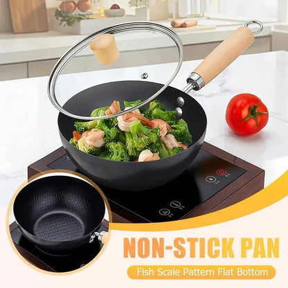 Japanese Iron Pot with Lid, Heavy Duty Uncoated Iron Wok, Deep Frying Pan for Stovetop Cooking, Traditional Iron Cookware for Stir Fry and Sauté (Hammer-Glass Cover, M-9.5 In)2
