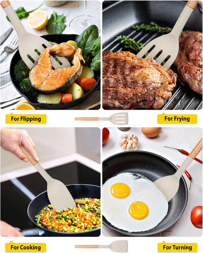 Pack of 2 Silicone Cooking Spatula, Heat Resistant Solid Turner, Non Stick Slotted Spatulas with Wooden Short Handle,Ideal Wood Kitchen Utensils Set for Frying, Baking, Flipping, Turning4