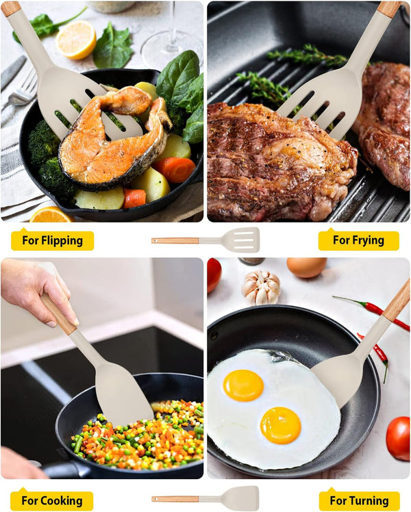 Pack of 2 Silicone Cooking Spatula, Heat Resistant Solid Turner, Non Stick Slotted Spatulas with Wooden Short Handle,Ideal Wood Kitchen Utensils Set for Frying, Baking, Flipping, Turning4