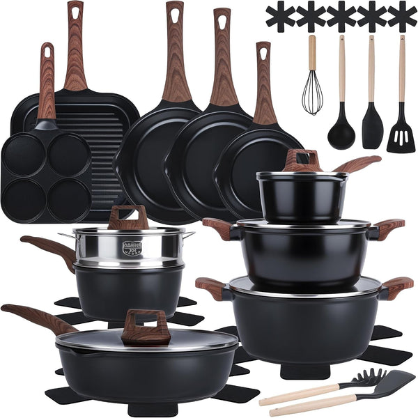 30-Piece Ceramic Nonstick Cookware Set | Detachable Handle, Stackable for RV | Oven & Dishwasher Safe1