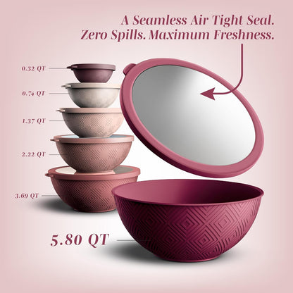 Mixing Bowls with Lids - 12 Piece Plastic Nesting Bowls Set Includes 6 Prep Bowls and 6 Lids, Microwave Safe Mixing Bowl Set, Rose Rhombus2