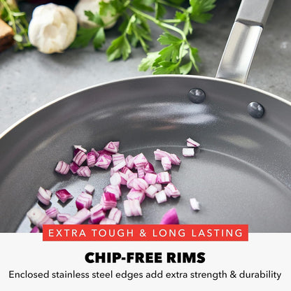 X Bobby Flay Stainless Steel 12” Frying Pan Skillet & Glass Lid, Professional Grade Tri-Ply, Multiclad, Pfas-Free Ceramic Nonstick, Induction Suitable, Dishwasher & Oven Safe,Stay Cool Handle10