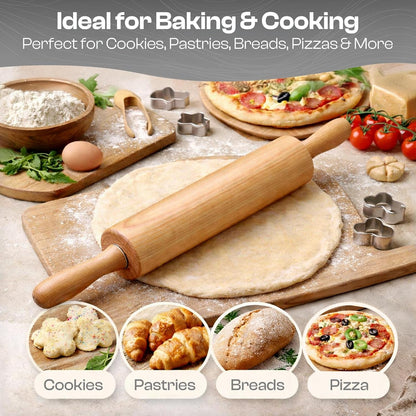 Wooden Rolling Pin, Beech Wood, 17.6" Dough Roller for Baking | Ergonomic Handles, Nylon Bearings, Baking Pizza, Bread & Cookies, Pasta, Dough Roller4