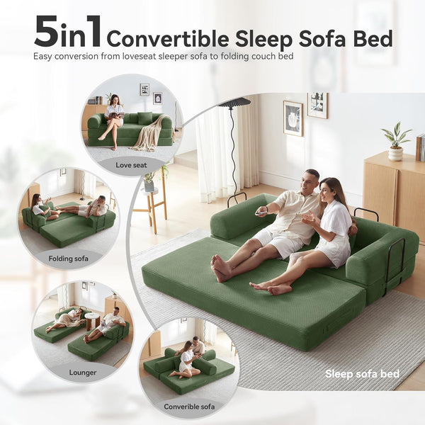 79" Convertible Futon Sofa Bed, Boneless Couch for Living Room (Green)3