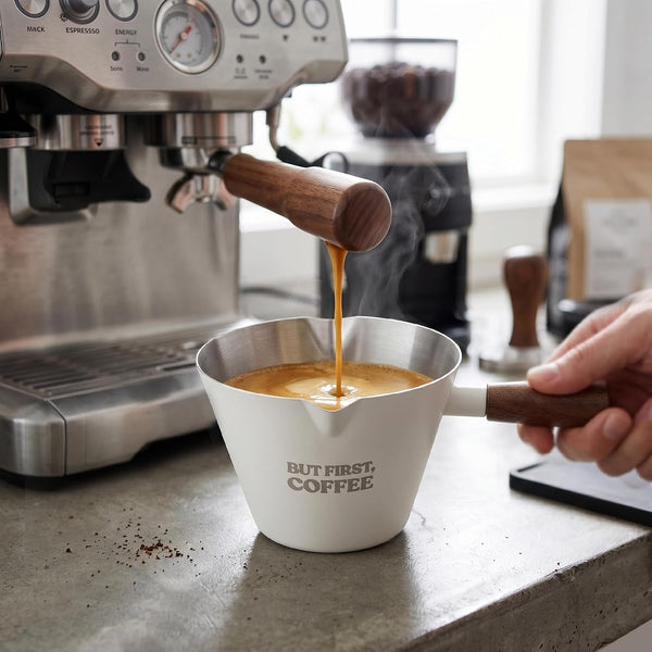 Espresso Measuring Cup with Handle, DV 6.8Oz/200Ml Stainless Steel Espresso Cups with Walnut Wood Handle & Double Spouts, Cream White Coffee Measuring Cup3