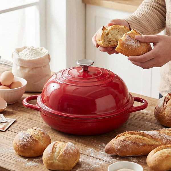 Dutch Oven Cast Iron Bread Oven with Cloche Dome Lid for Baking Sourdough, Artisan Bread, Pizza | Enameled Cast Iron Combo Cooker for Baking, Braising, Roasting | Magenta Enameled Finish7