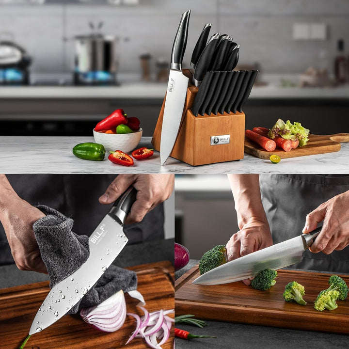 Wood Kitchen Set Knife Set for Kitchen with Block Stainless Steel Knives 17 Pcs and Cutting Board with Groove,Black Handles and Sharp Stainless Steel Professional Chef Knife Set+2