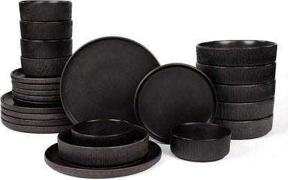 24-Piece Dinnerware Set for 6 with Bowl, Ribbed Stoneware Plates and Bowls Sets, Unique Handcrafted Reactive Glaze, Chip and Scratch Resistant Dish Set, Microwave & Dishwasher Safe, Black1