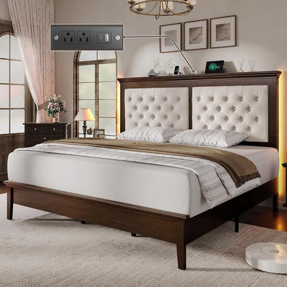 Solid Wood King Size Bed Frame 46” Tall Diamond-Tufted Upholstered Headboard, American Classic Flat-Top Bed, Stable Structure, Wood Slats Support, Noise-Free, No Box Spring Needed, Walnut1