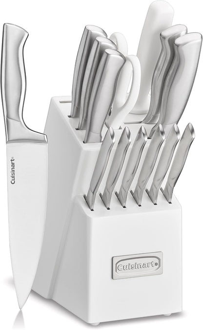 Professional Block Knife Set, 15Pc Cutlery Knife Set with Steel Blades for Precise Cutting, Lightweight, Stainless Steel Durable & Dishwasher Safe, White1