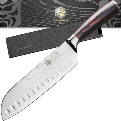 Santoku Knife - 7 Inch - Samurai Series - Razor Sharp Kitchen Knife - Forged 7Cr17Mov High Carbon Stainless Steel - Wood Handle with Blade Guard1