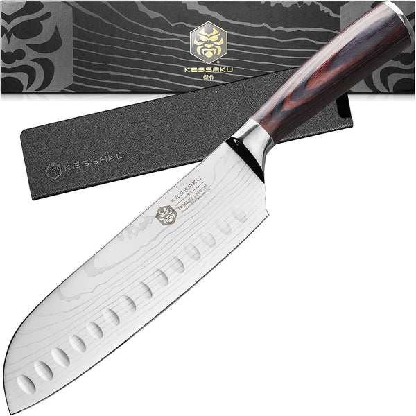 Santoku Knife - 7 Inch - Samurai Series - Razor Sharp Kitchen Knife - Forged 7Cr17Mov High Carbon Stainless Steel - Wood Handle with Blade Guard1