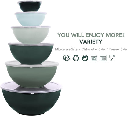 BPA Free Plastic round Mixing Bowl with Lids, 12 Pack Nesting Bowls with Lids Set, Microwave and Dishwasher Safe Prep & Serving Bowls Great for Mixing, Baking, Serving (Green, 12Pcs)13