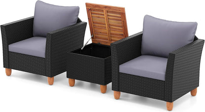 3 Pieces Patio Porch Furniture Set, PE Rattan Wicker Chair Conversation Set with Cushions and Storage Table, Outdoor Acacia Wood Bistro Set for Garden, Poolside (Grey)1
