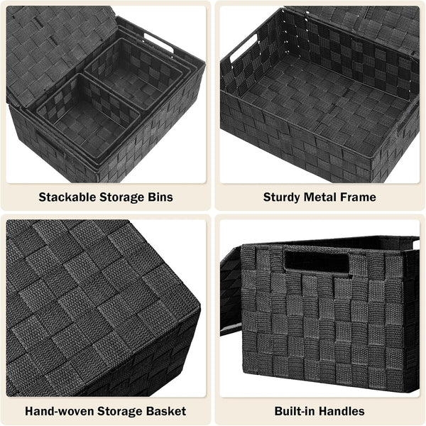 Storage Baskets with Lids: 5 Pack Stackable Woven Storage Bins, Black4