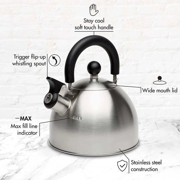 Stewart Whistling Tea Kettle for Stovetop, Stainless Steel Stove Top Kettle with Fast Boil Whistling Spout and Cool Touch Folding Handle, 1.5-Quart, Brushed Silver with Black Handle4