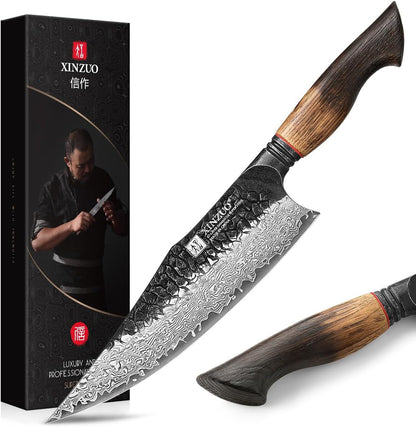 8.6 Inch Professional Damascus Chefs Knife,67 Layers Damascus Steel Kitchen Knife,10Cr15Comov Steel Core,Very Sharp for Vegetables Meat Cutting for Home Kitchen,Burnt White Oak Wood Handle1