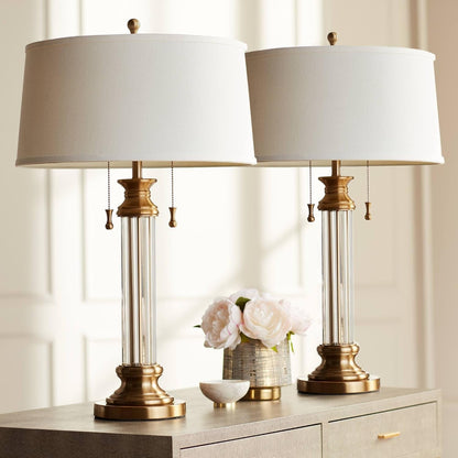 Rolland 30" Large Table Lamps Set of 2 Gold Brass Glass Antique1