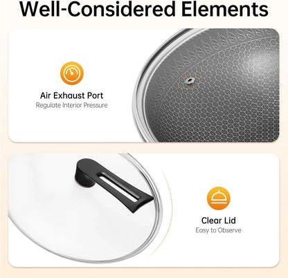 13.4" Stainless Steel Wok Honeycomb Cooking Wok with Spatula Nonstick Wok with Lid Skillet with Handle Flat Bottom Stir-Fry Pan for Electric Induction Gas Stoves6
