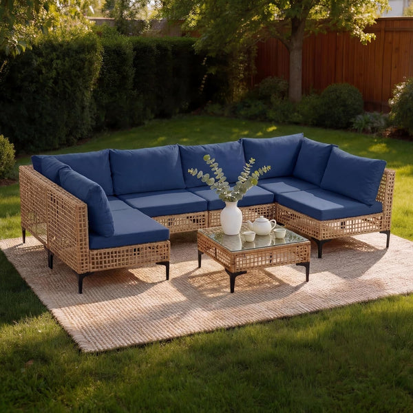 7 Piece Outdoor Patio Furniture Set with Coffee Table - Dark Blue1