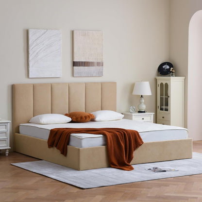 King Size Upholstered Lift-Up Storage Bed, Beige Linen-Look Fabric Bed Frame with Vertical Panel Headboard, Hydraulic Lift Storage, Wooden Slat Support, No Box Spring Needed9