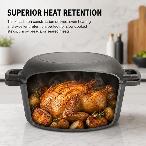 Cast Iron 5 Quart Double Dutch Oven-2-In-1 Pre-Seasoned Pot & Skillet Combo | Pre-Seasoned, No Chemical Coatings. 5Qt Cast Iron Pot + Skillet Lid. Even Heat, Great for Bread Baking. Indoor/Outdoor Use.4