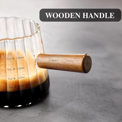 Espresso Cups with Wood Handle 6Oz, Espresso Accessories, Milk Frothing Pitcher, Glass Measuring Cup, Shot Glass4