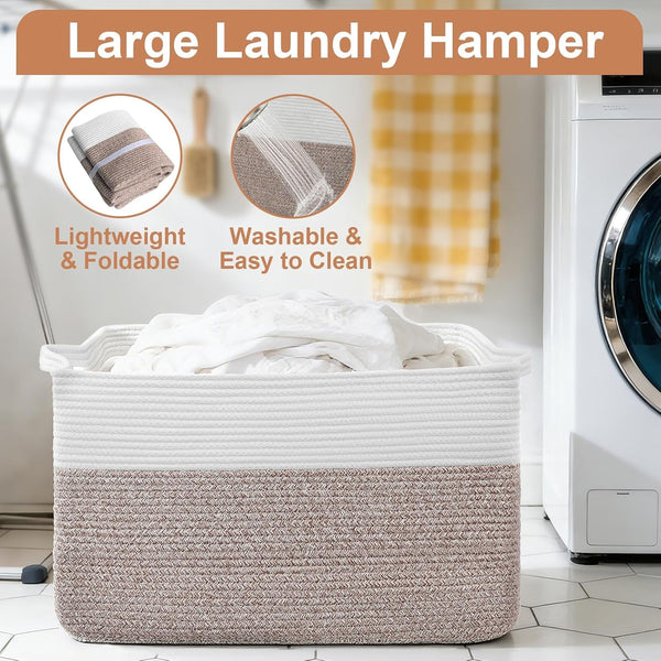 75L Large Blanket Storage Basket with Handles - White & Brown5