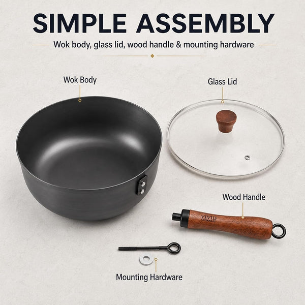 4 Qt Nitrided Carbon Steel Deep Wok with Lid, Flat Bottom | Deep 4 Qt Nitrided Steel for Braising, Soups, Noodles and One-Pot Meals; Wooden Handle; Gas, Electric and Induction Ready.9
