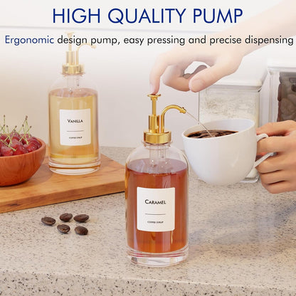 16.9 Oz (500 Ml) Coffee Syrup Dispenser Set- 4 Glass Bottles with Gold Pumper and Syrup Labels - Precise Dispensing and Stylish Addition to Coffee Shop, Cafe or Home Bar3
