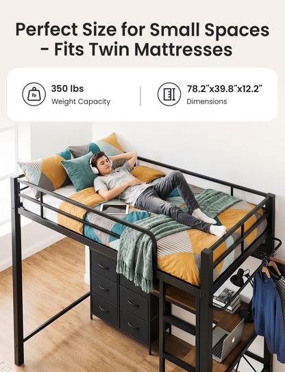 Twin Size Metal Loft Bed with L-Shaped Desk and 8 Storage Drawers,Black4