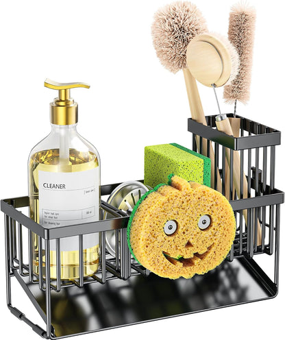 Kitchen Sink Caddy Organzier with High Brush Holder, Sponge Holder for Sink, 304 Rustproof Stainless, Kitchen Countertop Soap Dispenser Organizer (Black with Smiley Face Holder, 9.25″)7