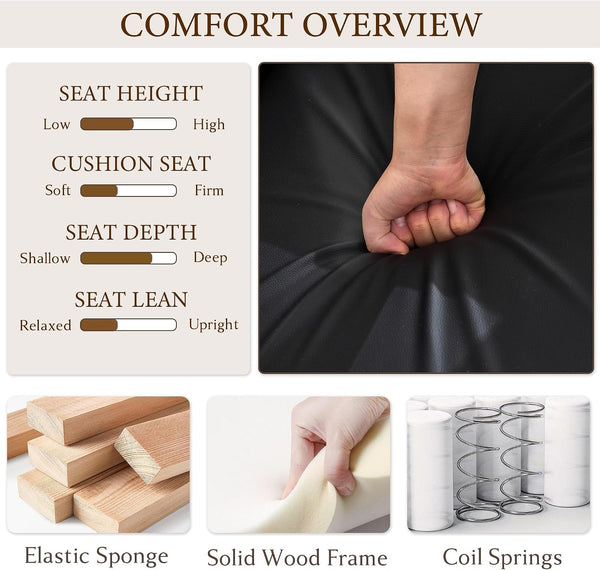 Black Leather Loveseat and Accent Chairs, Mid-Century Modern Office Furniture Sofa and Chair Set, Small Love Seat Couches with Wood Arm, 3 Pieces Living Room Furniture Sets (3)4