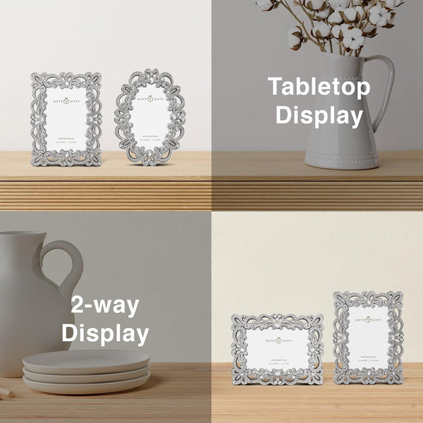 Vintage Silver Mini Frame Set/Set of 2 / 2X3 in | for Tabletop Display | Perfect for Home Decor, Xmas, Wedding, Graduation, or Milestone Photos W/Gift Box7