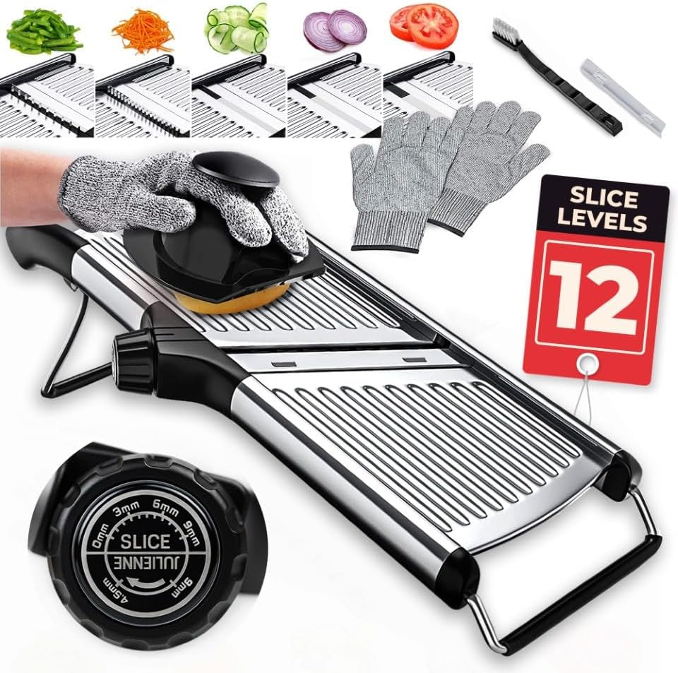 gramercy-mandoline-slicer-for-kitchen-with-12-slice-settings-black-edition-slice-from-paper-thin-to-thick-cut-with-stainless-steel-frame-and-rotating-blade-non-slip-base-gloves-and-guard-included