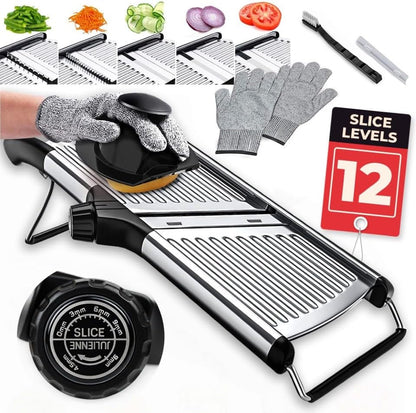 Gramercy Mandoline Slicer for Kitchen with 12 Slice Settings, Black Edition | Slice from Paper-Thin to Thick-Cut with Stainless Steel Frame and Rotating Blade, Non-Slip Base, Gloves and Guard Included1