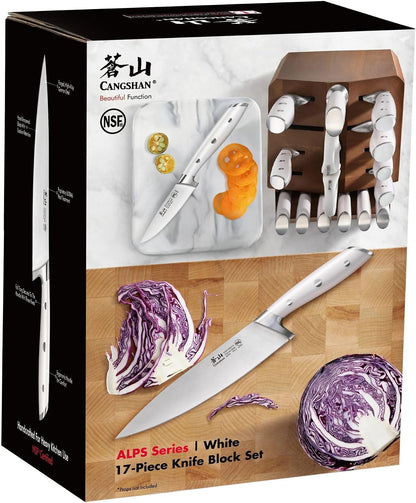 Alps Series German Steel Forged 17-Piece Knife Block Set, Acacia (White)9