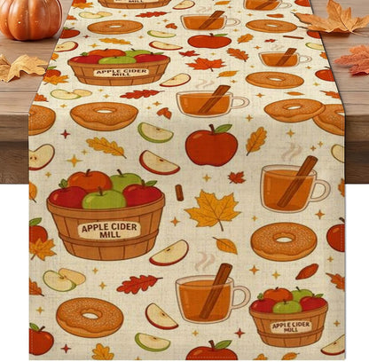 Fall Harvest Table Runner, Cozy Fruits Cider Donuts Leaves Autumn Kitchen Dining Decor for Family Gatherings Holiday Celebrations 13X108 Inch1