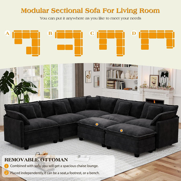 Modular Sectional Sofa,Cloud Couch for Living Room,Modern Deep Seat Sofa Chenille Fabric Comfy Couches with Throw Pillows & Movable Ottoman for Apartment7