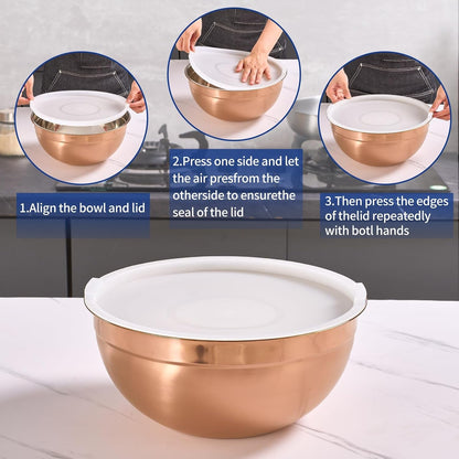 Rose Gold Mixing Bowls with Airtight Lids, Stainless Steel Nesting Mixing Bowls Set of 7, Ideal for Baking, Prepping and Serving Food, Size 7, 3.6, 2.7, 2.1, 1.5, 1.1,0.8 QT, Stackable Design3