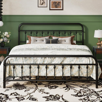 King Metal Bed Frame with Victorian Iron-Art Headboard, Black1