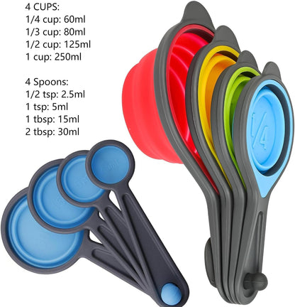 Measuring Cups and Spoons Set, Collapsible Measuring Cups, 8 Pieces Measuring Cups&Spoons Set, Engraved Metric & US Markings for Liquid&Dry Measuring, Space Saving, BPA Free Colorful Silicone3