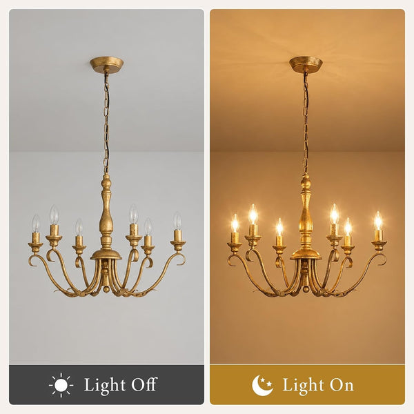 Farmhouse Vintage Antique Brass Chandelier: Distressed Gold Candle Fixture7