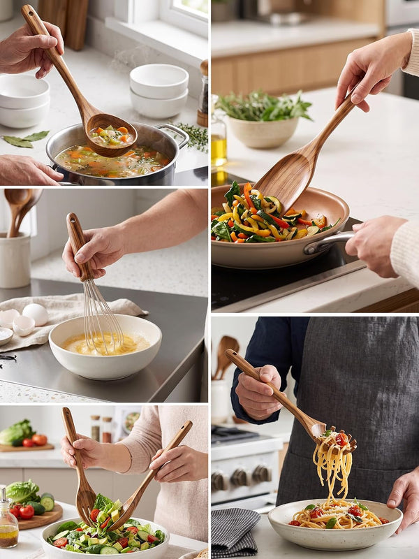 AIUHI 10 Pcs Wooden Spoons for Cooking, Teak Wooden Utensil Set for Nonstick Cookware, Wooden Kitchen Utensils Set with Whisk and Spaghetti Server6