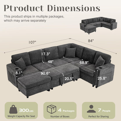 107 Inch Modular Sectional Sofa with Pull Out Bed, 7 Seat U Shaped Sectional Sleeper Sofa with Storage Ottoman, USB Port & 6 Pillows, Family Modular Couch, Sectional Couches for Living Room, Grey3