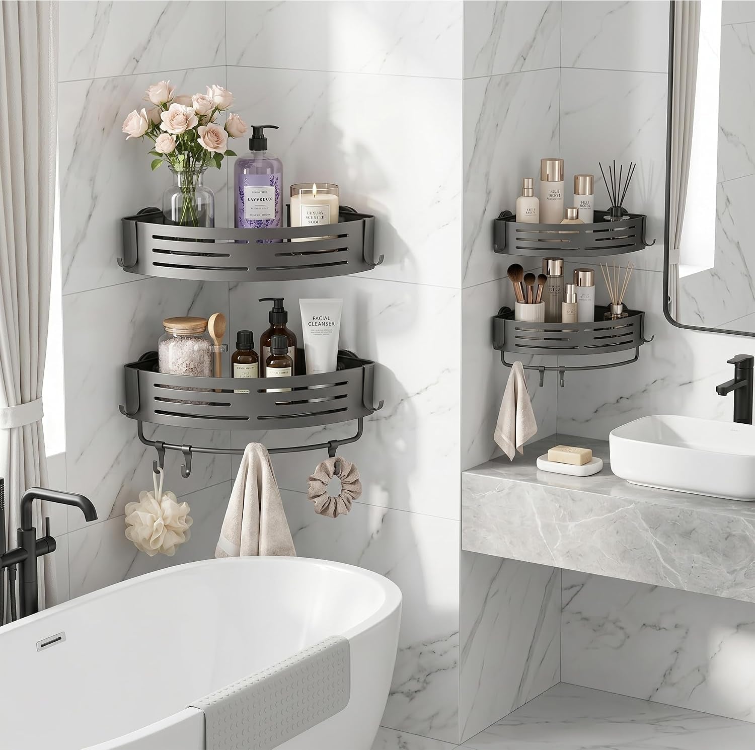 corner-shower-caddy-suction-cup-2-pack-aluminum-shower-shelves-no-drilling-removable-shower-organizer-with-towel-bar-and-hooks-for-smooth-tile-glass-and-marble-matte-gray