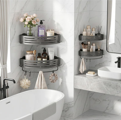 Corner Shower Caddy Suction Cup, 2 Pack Aluminum Shower Shelves No Drilling, Removable Shower Organizer with Towel Bar and Hooks for Smooth Tile, Glass and Marble, Matte Gray8