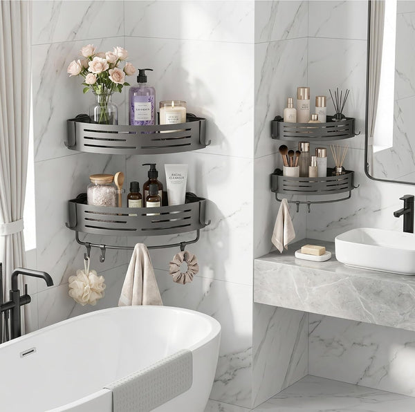 Corner Shower Caddy Suction Cup, 2 Pack Aluminum Shower Shelves No Drilling, Removable Shower Organizer with Towel Bar and Hooks for Smooth Tile, Glass and Marble, Matte Gray8