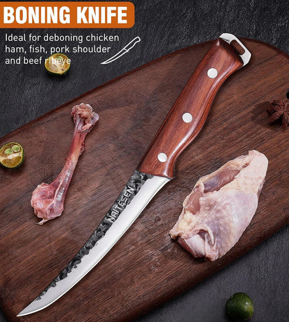 4PCS Butcher Knife and Kitchen Knife Set with Gift Box | Hand Forged Heavy Duty Meat Cleaver, Meat Knife, Serbian Chef Knife, Boning Knife Very Sharp for Meat Cutting Cooking BBQ5